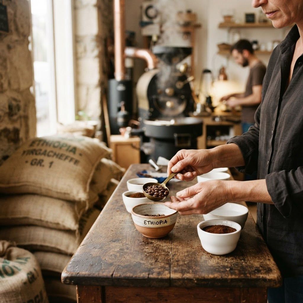 Coffee being packed and labeled at the Warka roastery