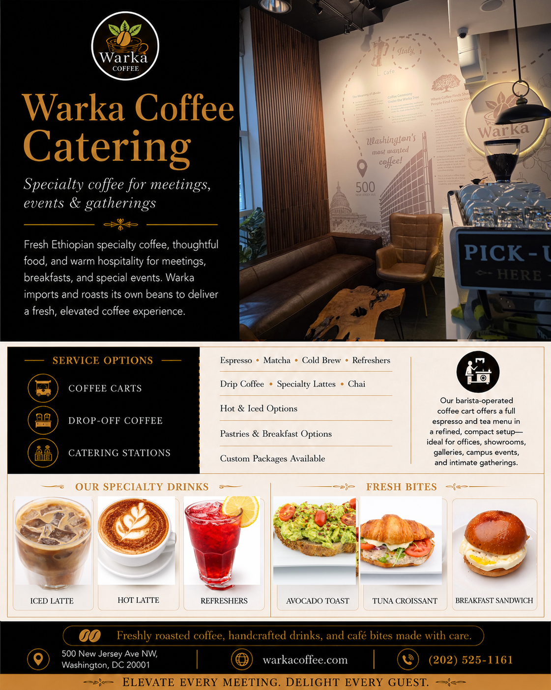 Warka Coffee catering service with coffee carts, specialty drinks, pastries, and fresh bites