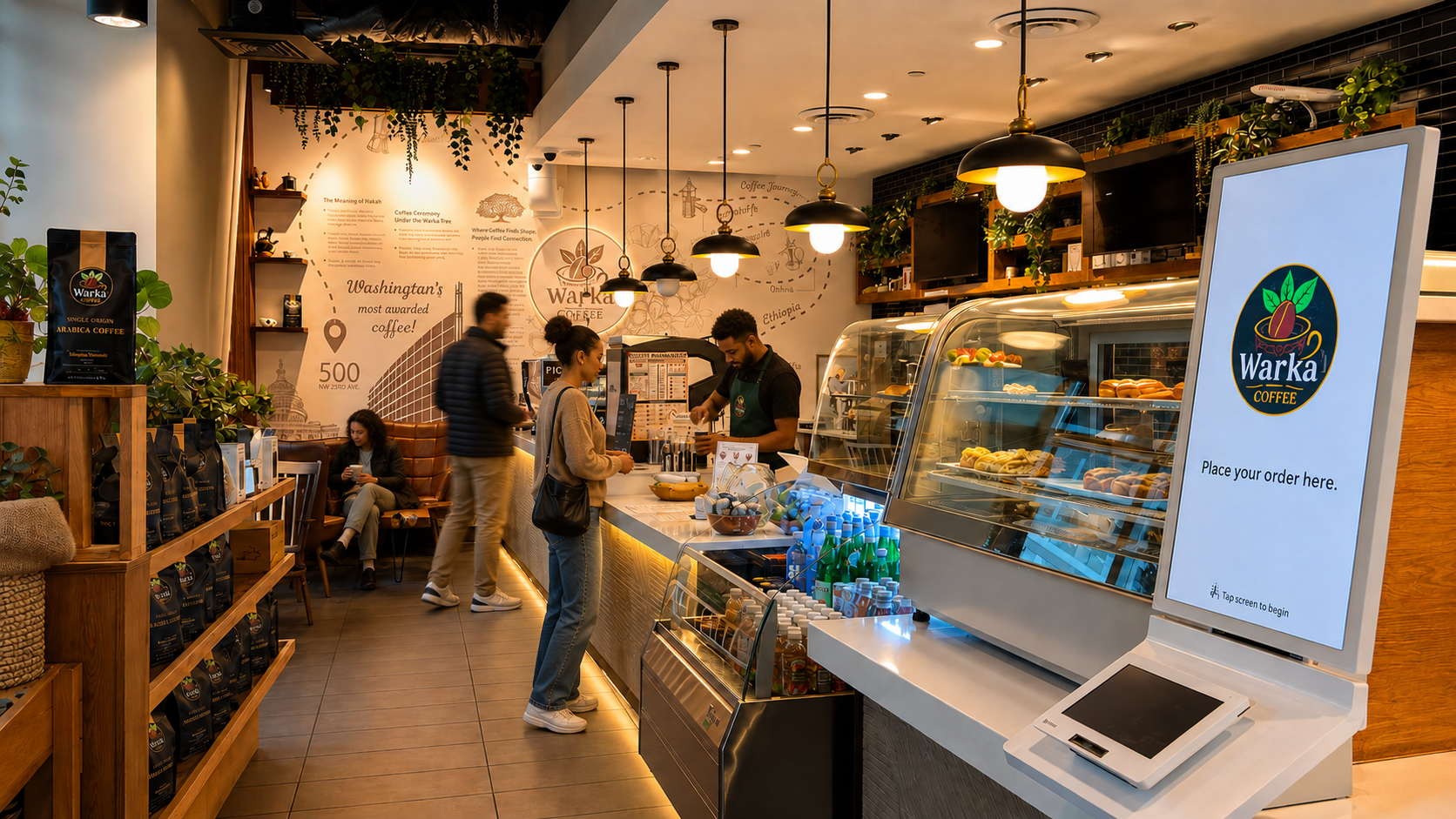 Customers and baristas inside Warka Coffee Washington near Capitol Hill