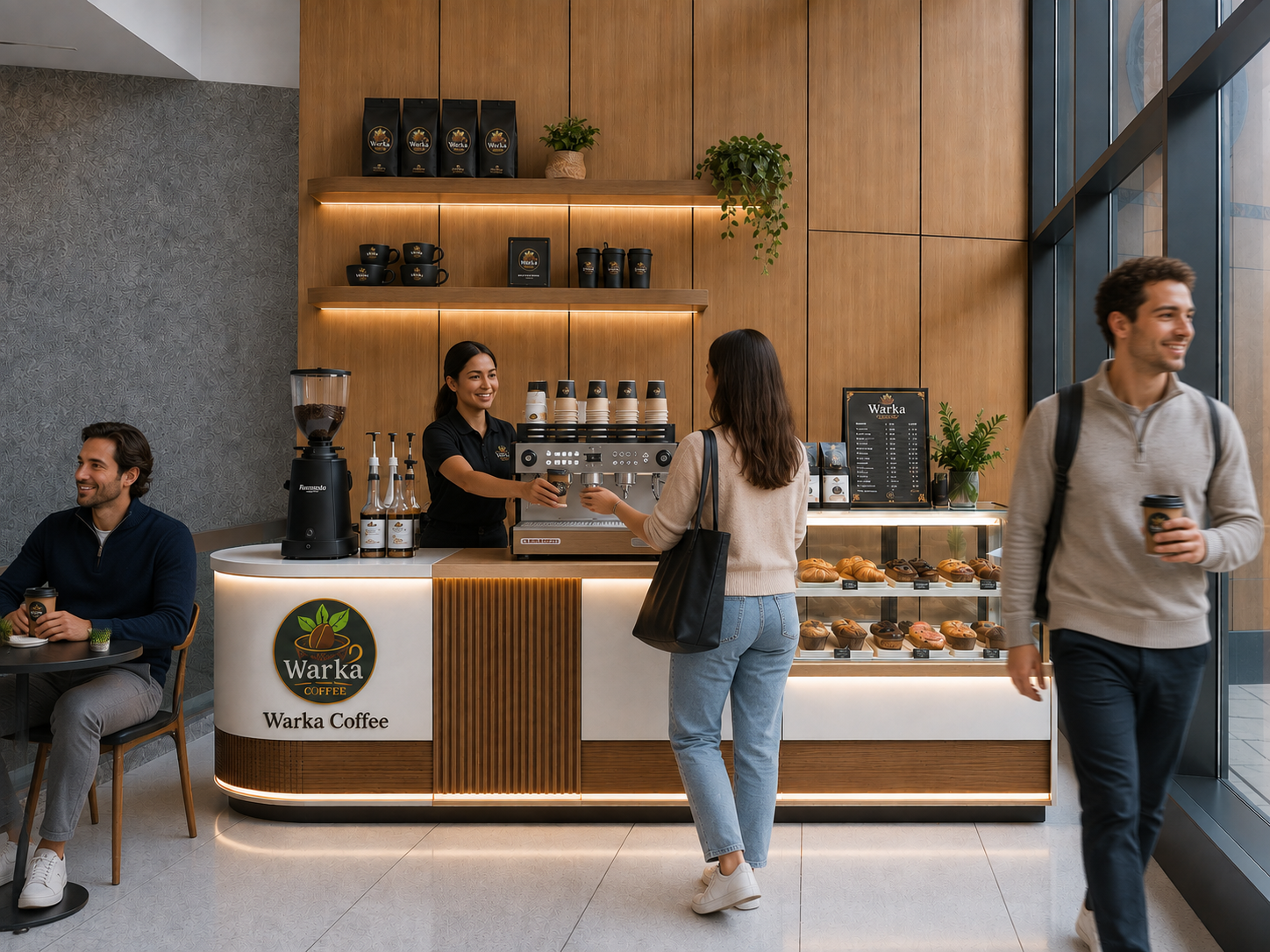 Warka Coffee kiosk with espresso service, pastries, retail coffee, and seating at Georgetown