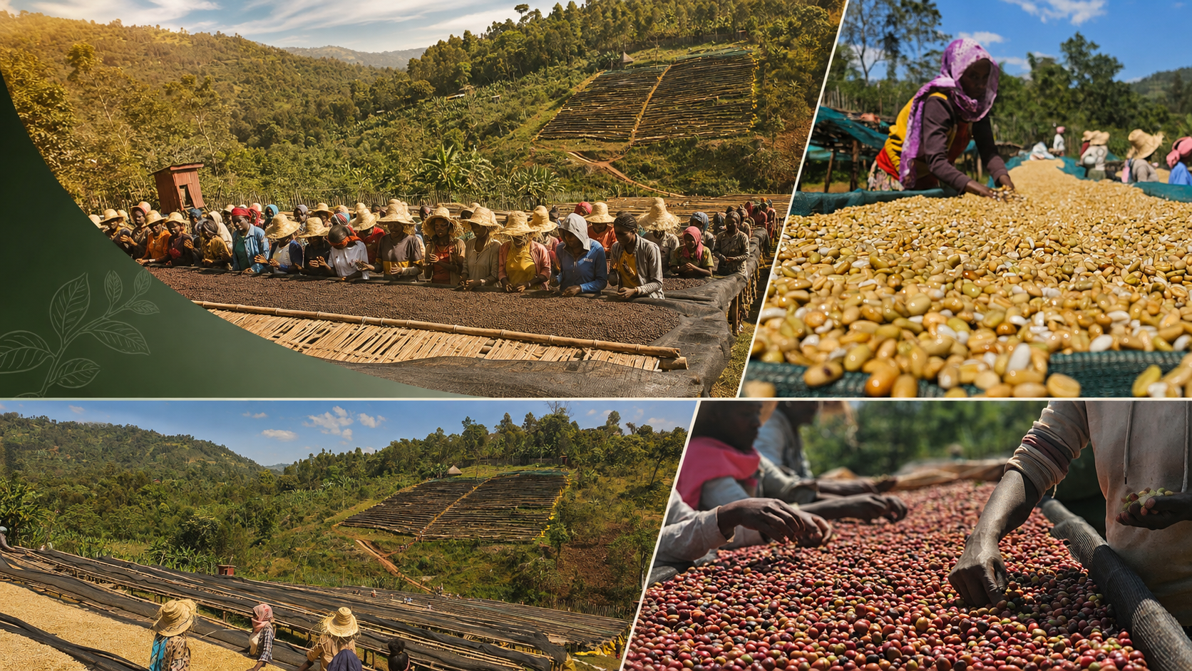 Ethiopian coffee farmers sorting cherries and drying coffee on raised beds