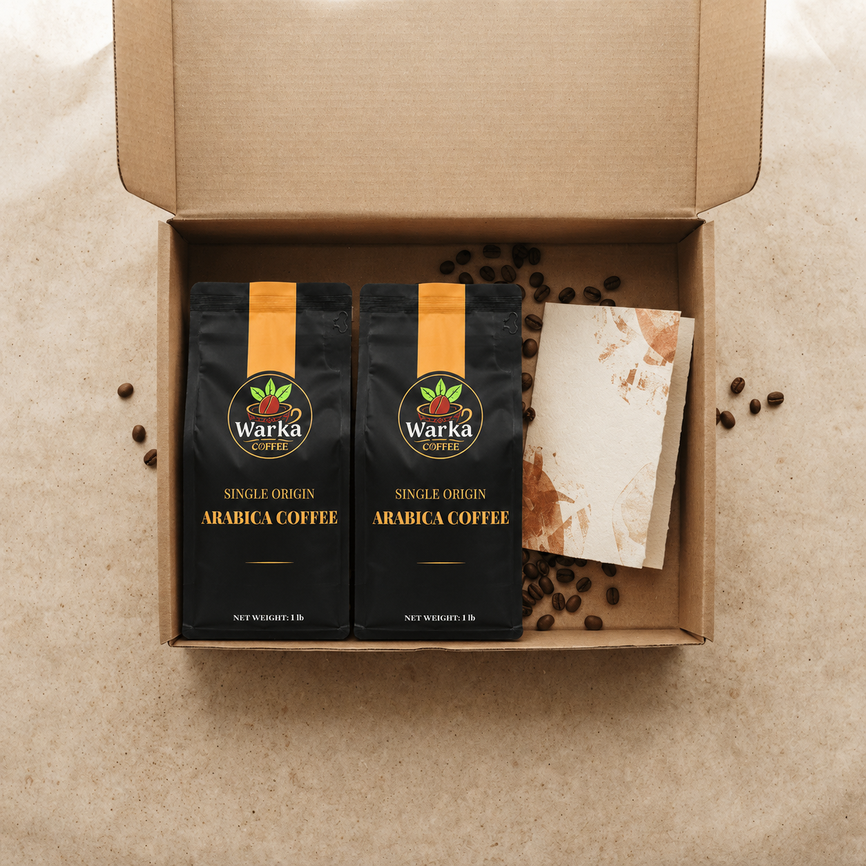 An open Warka Coffee subscription shipment with two bags of coffee, roasted beans, and a tasting card