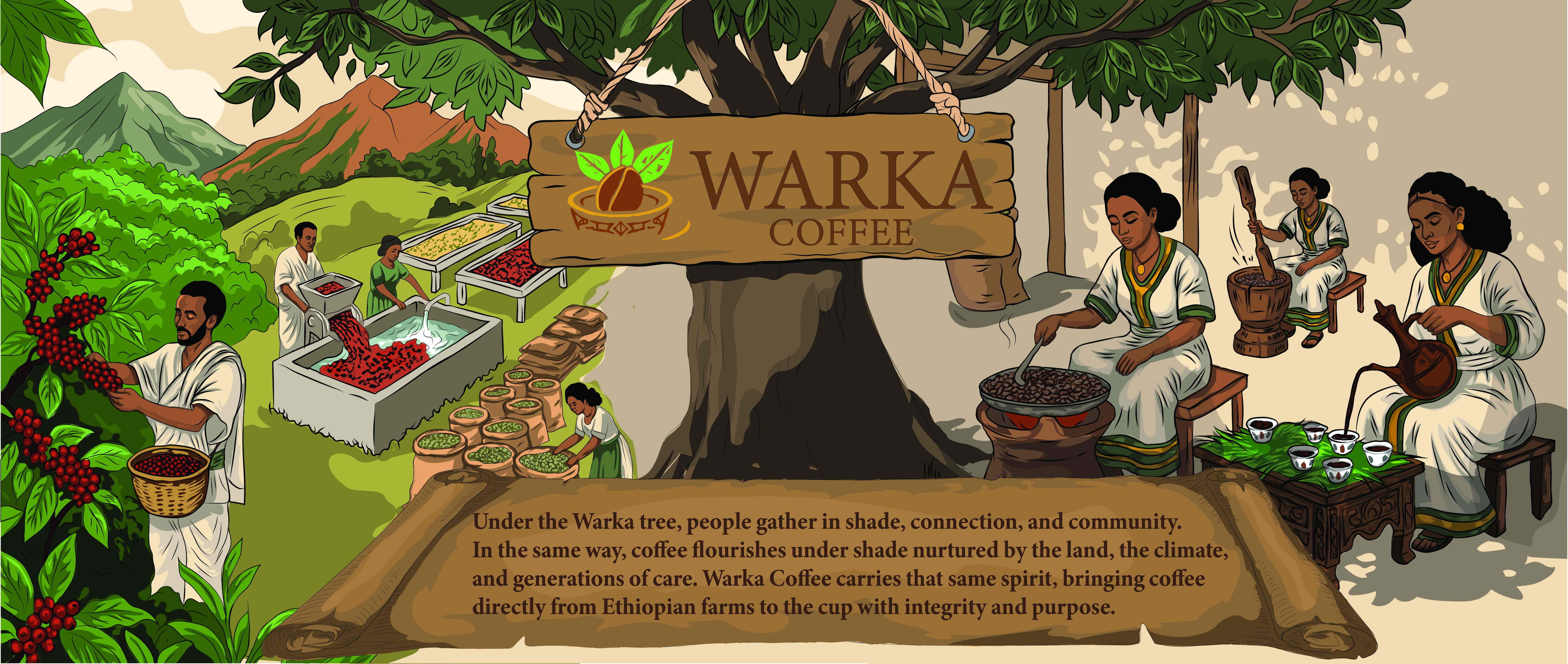 Warka Coffee rope sign surrounded by coffee-growing landscape