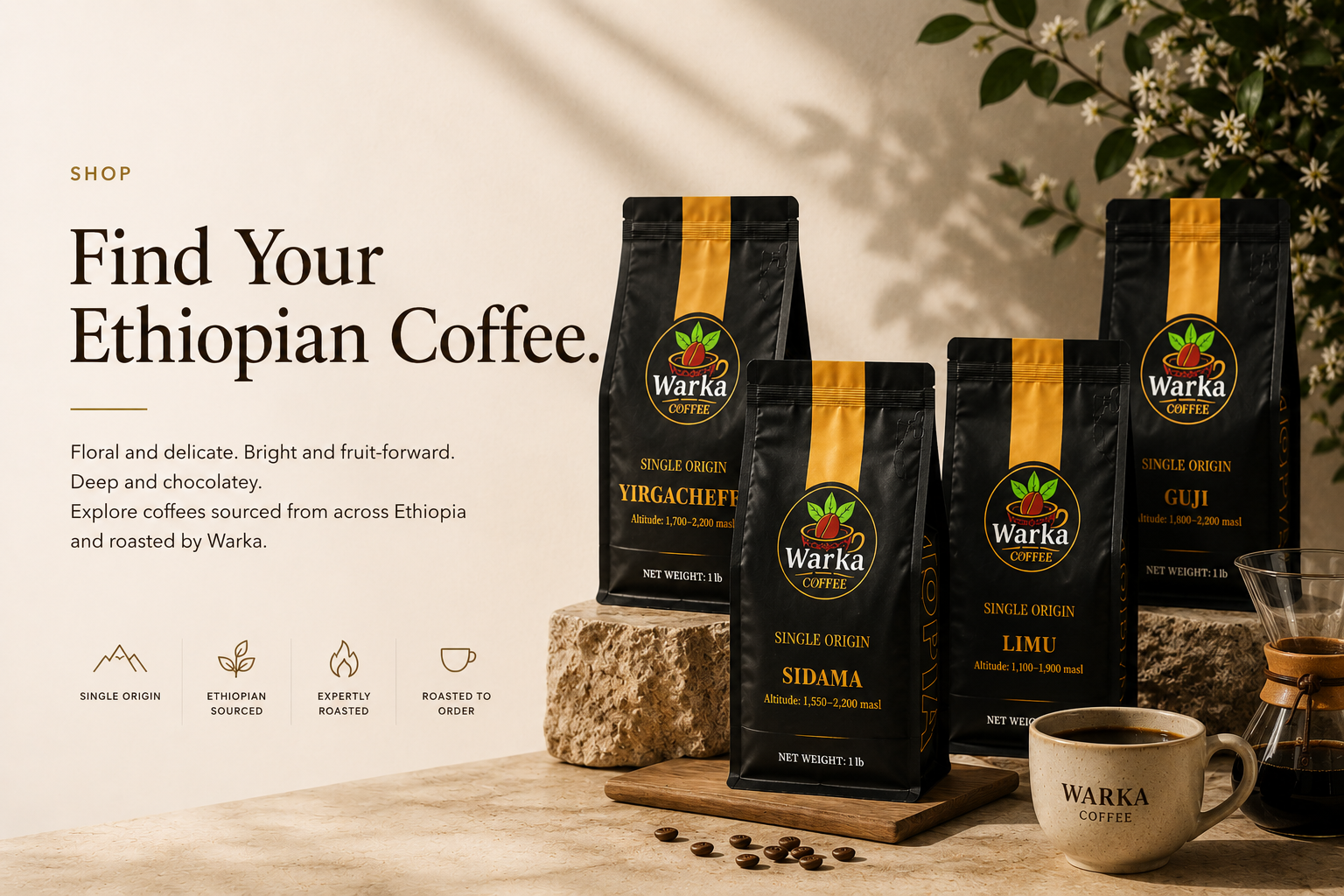 Warka coffee bags and brewed coffee ready after roasting