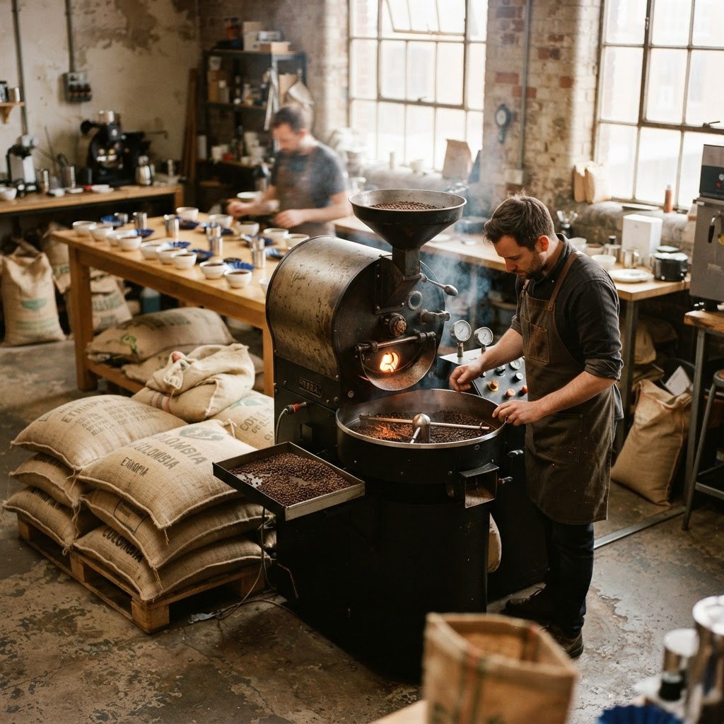 Coffee roaster and green coffee sacks at the Warka roastery in Rockville