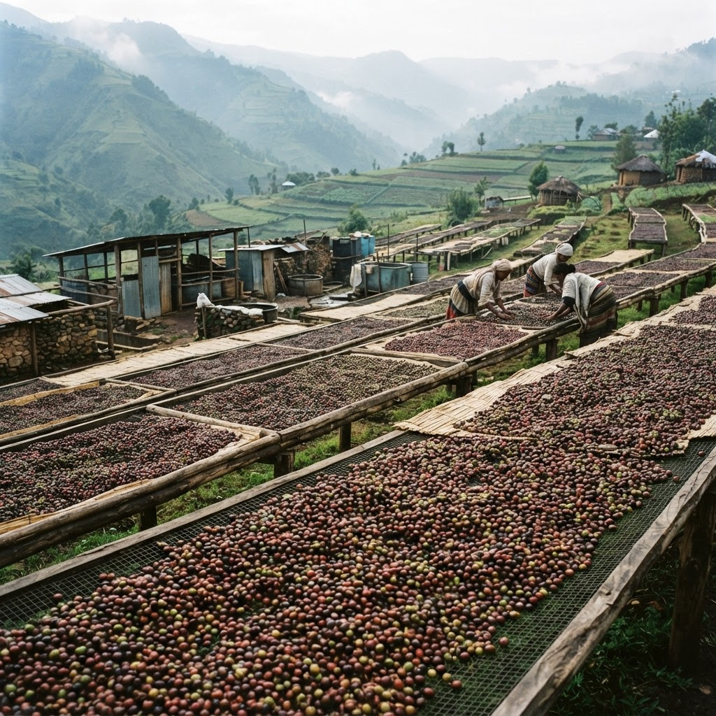 Coffee cherries drying on raised beds at a washing station in the Ethiopian highlands